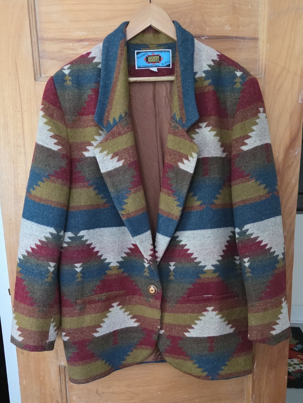 Vintage Western Aztec Print Button-Front Wool Blazer
